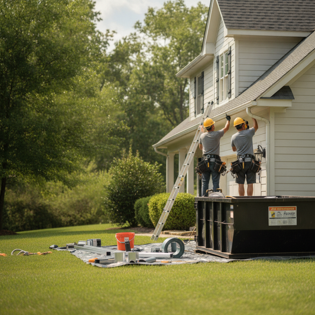 Create a realistic, professional service-business photograph showing Gutter Installation from behind, with the backs of their heads visible. Do not show any faces, facial features, front-facing views or side views, profiles, or identifiable