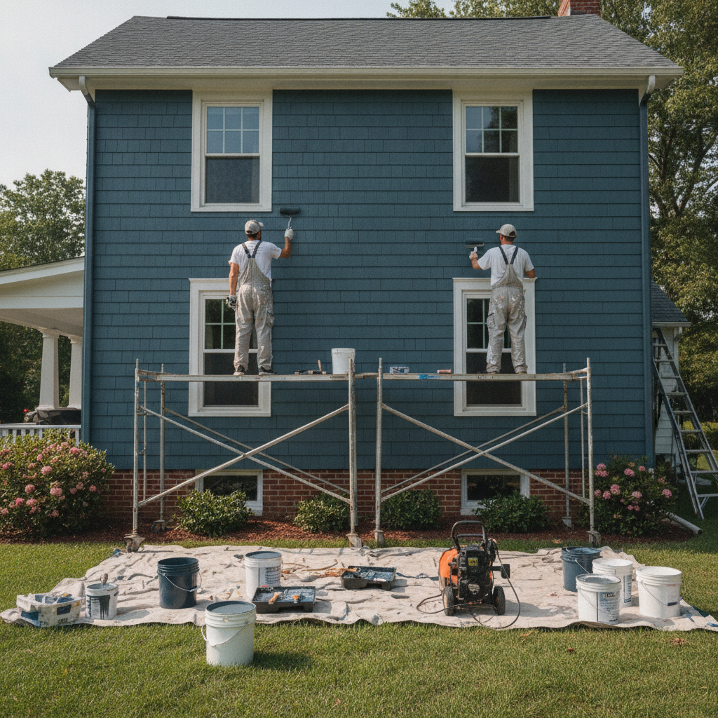 Create a realistic, professional service-business photograph showing Exterior Painting from behind, with the backs of their heads visible. Do not show any faces, facial features, front-facing views or side views, profiles, or identifiable p