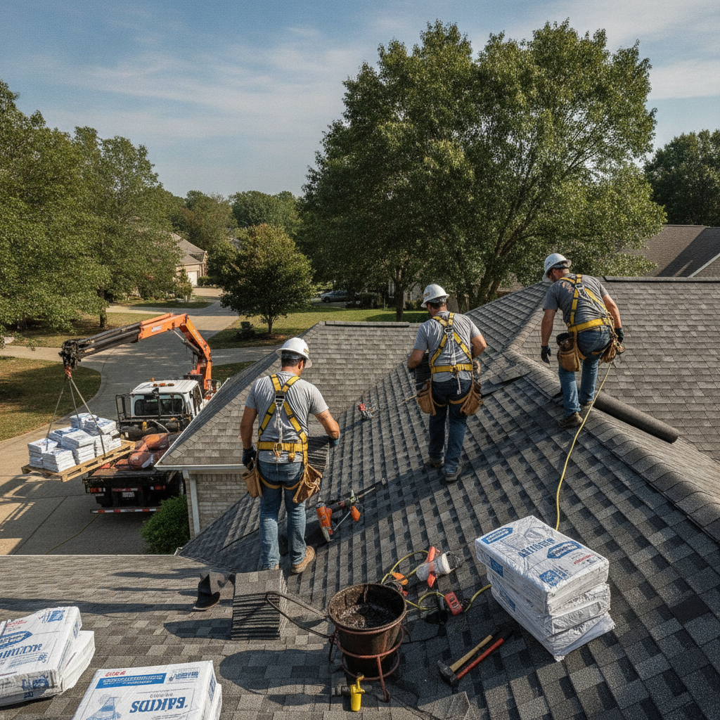 Create a realistic, professional service-business photograph showing Roofing Installation from behind, with the backs of their heads visible. Do not show any faces, facial features, front-facing views or side views, profiles, or identifiabl