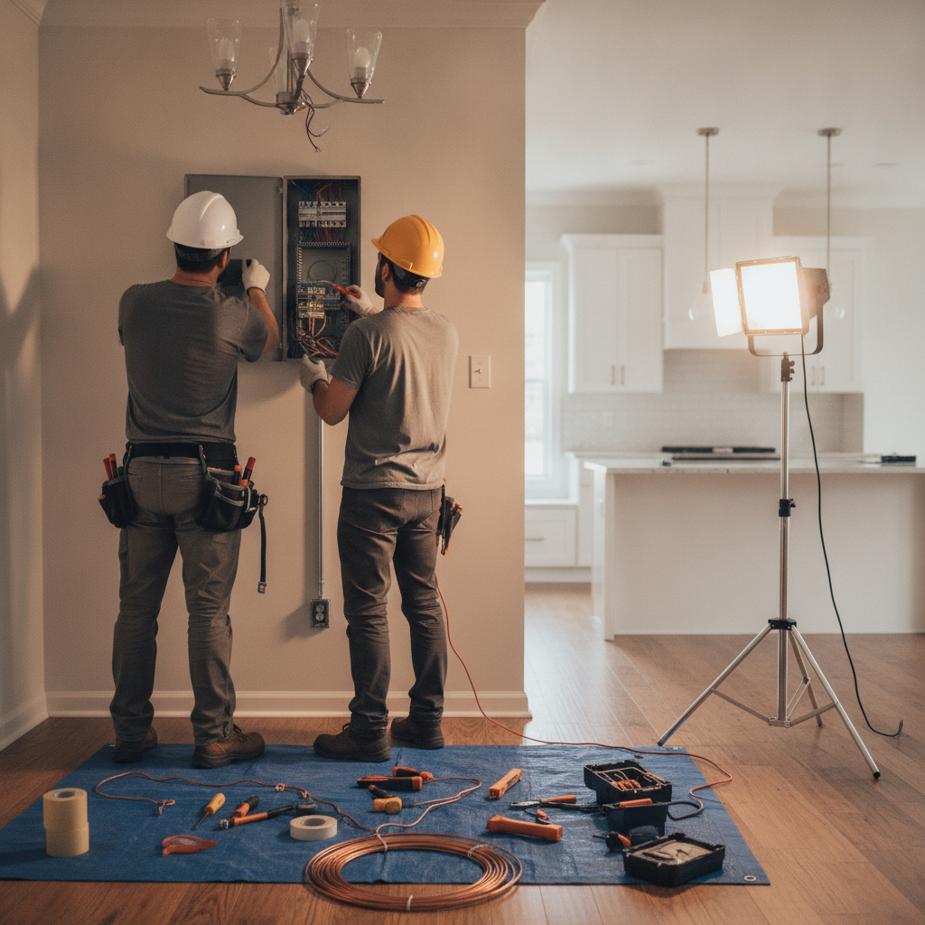 Create a realistic, professional service-business photograph showing Electrical Repair from behind, with the backs of their heads visible. Do not show any faces, facial features, front-facing views or side views, profiles, or identifiable p